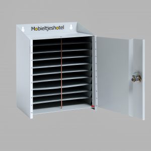 Mobieltjeshotel voor 20 mobieltjes van staal met deur.
